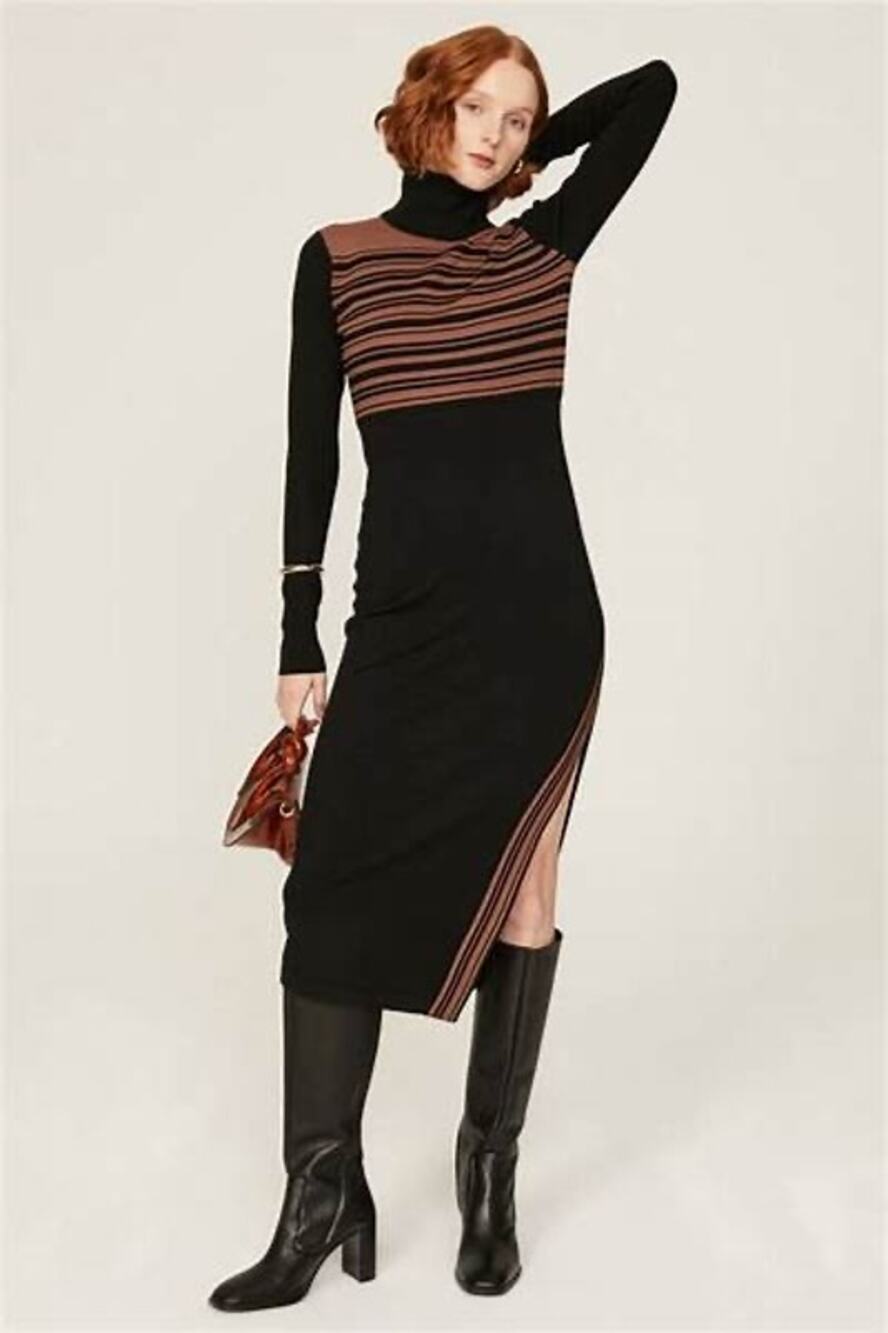 Toccin Blake Striped Ribbed Black Brown Turtleneck Sweater Dress Size S